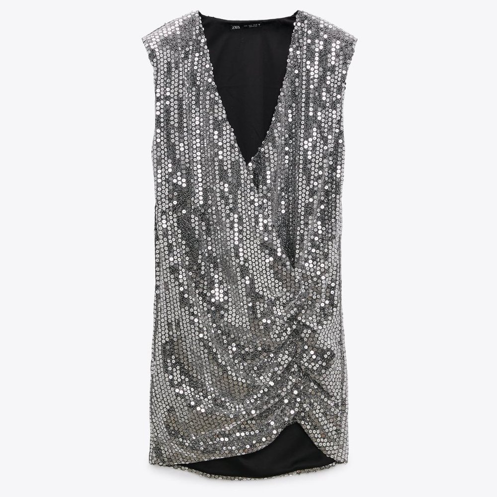 Zara Draped Silver Sequin Dress - XS - NWT